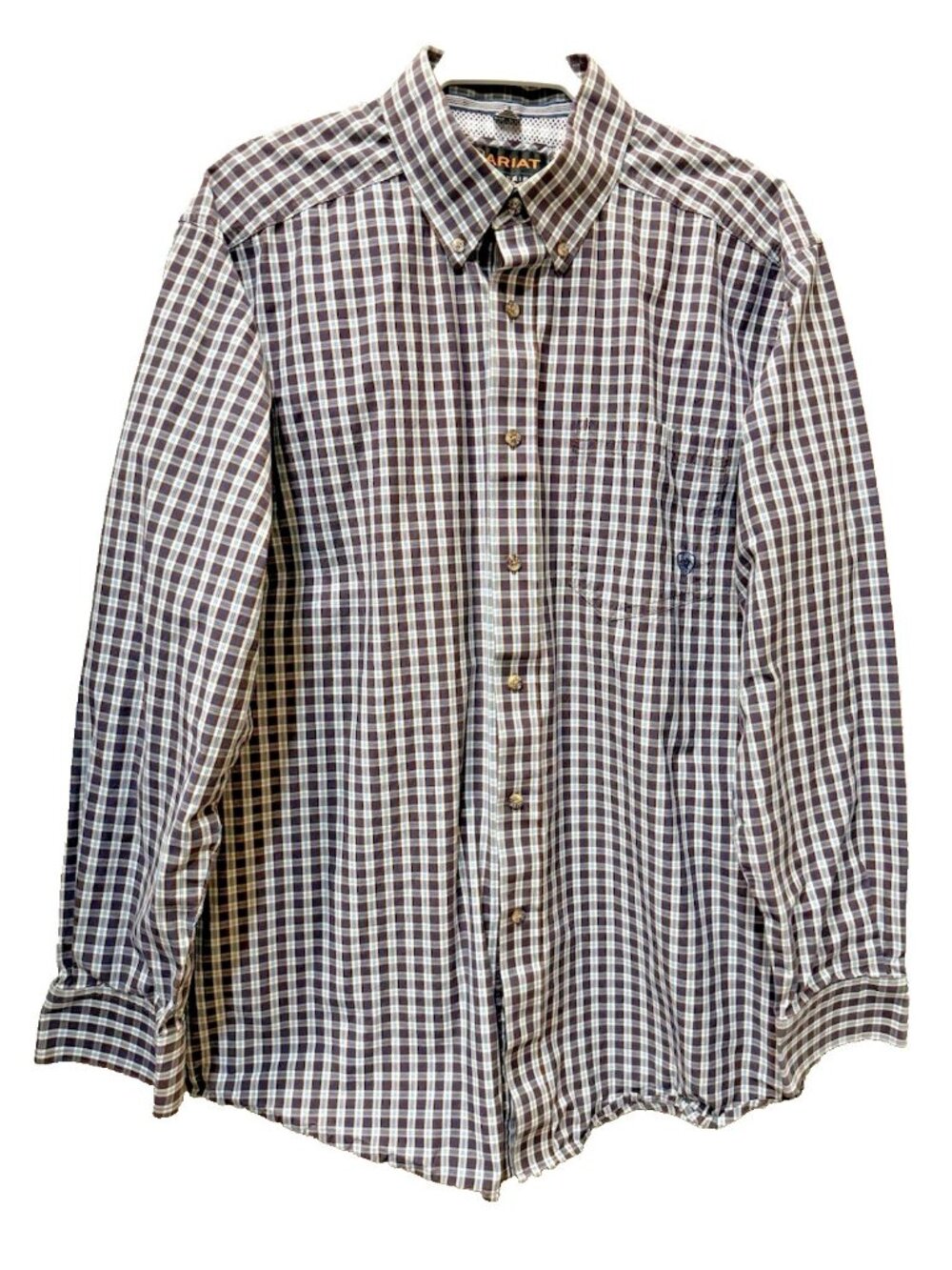 Ariat Pro Series Long Sleeve Button Down Shirt Mens Sz Large Brown Plaid Stretch